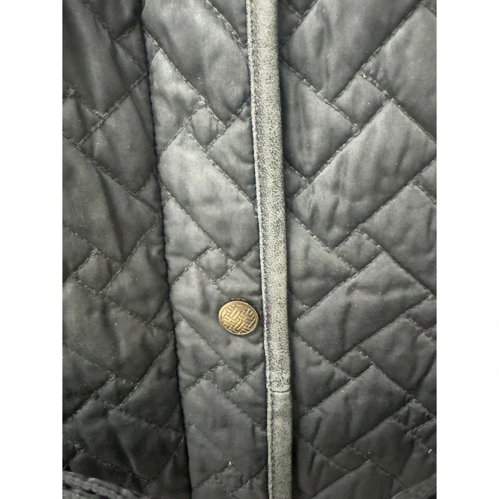 Cole Haan Womens Quilted Trench Coat Belted  Black Lamb Skin Trim‎ Medium
